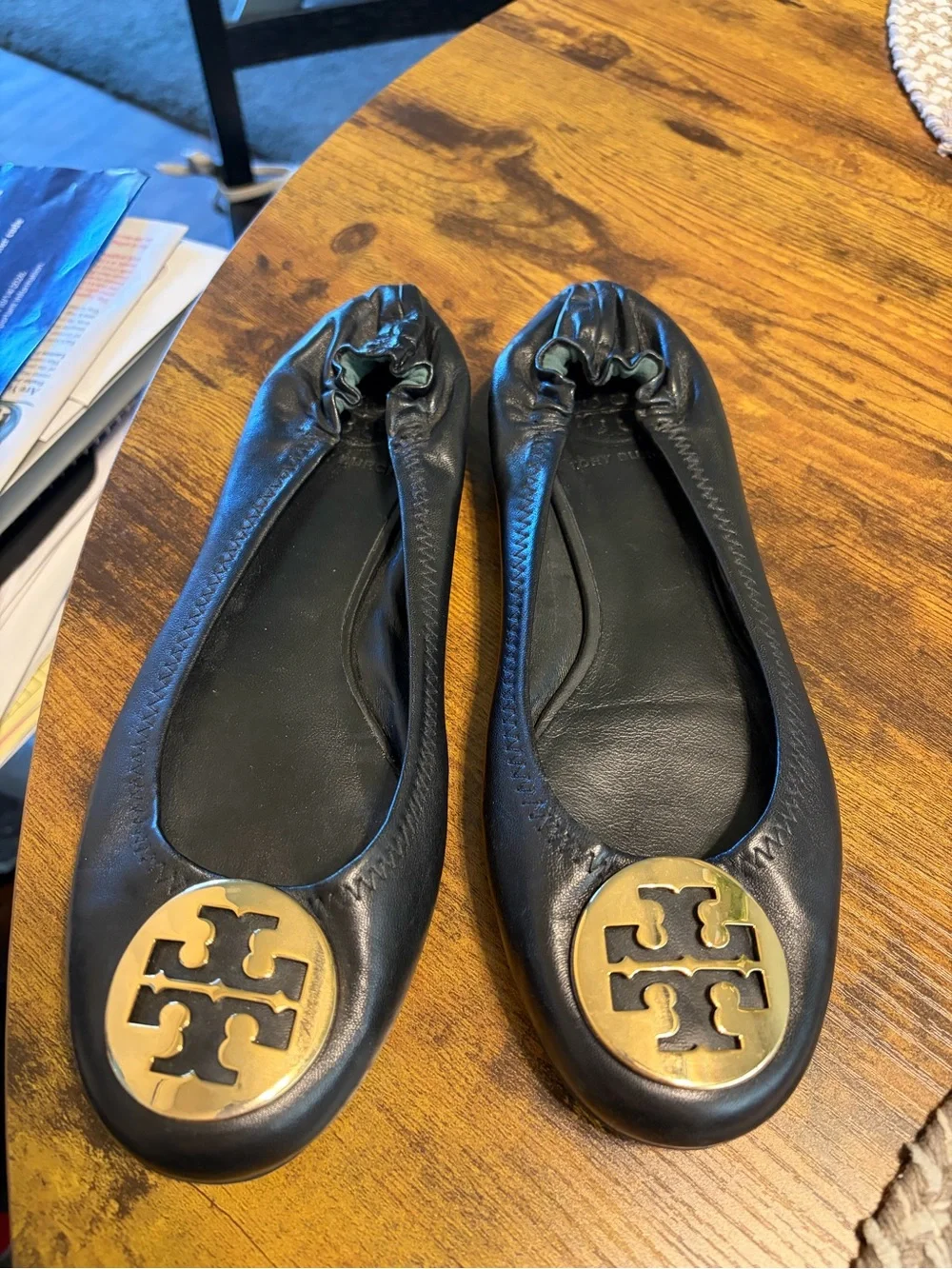 Tory Burch Black Leather Ballet Flats with Gold Logo Emblem